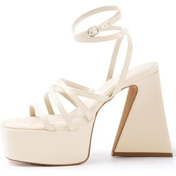 Women's Platform High Heels Sandals Square Open Toe Strappy Pumps Lace Up - Picture 2 of 7